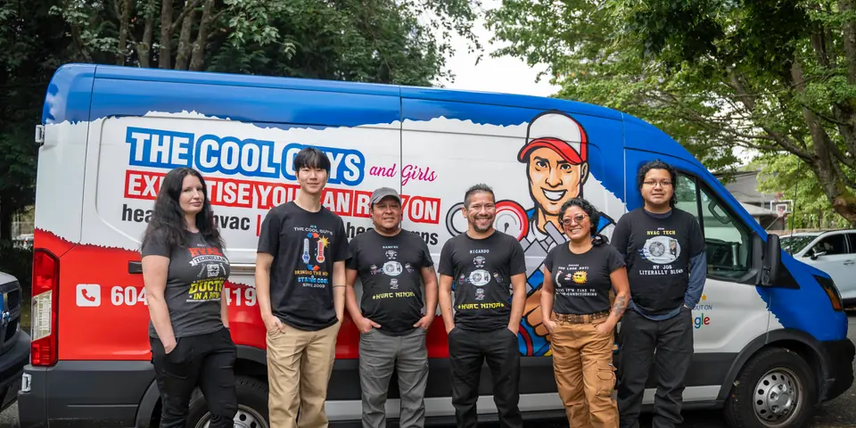 The Cool Guys team of six standing together in front of their liveried company van.