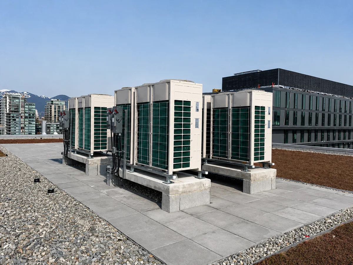 Four large outdoor HVAC modules installed in a row on concrete plinths across a commercial rooftop, with city buildings and mountains beyond.
