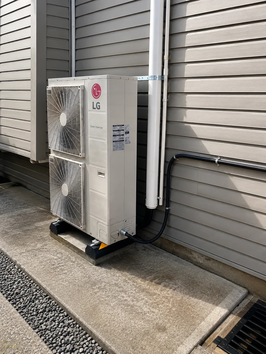 Two stacked LG outdoor heat-pump modules beside grey house siding, with line cover, conduit, and piping routed along the wall.